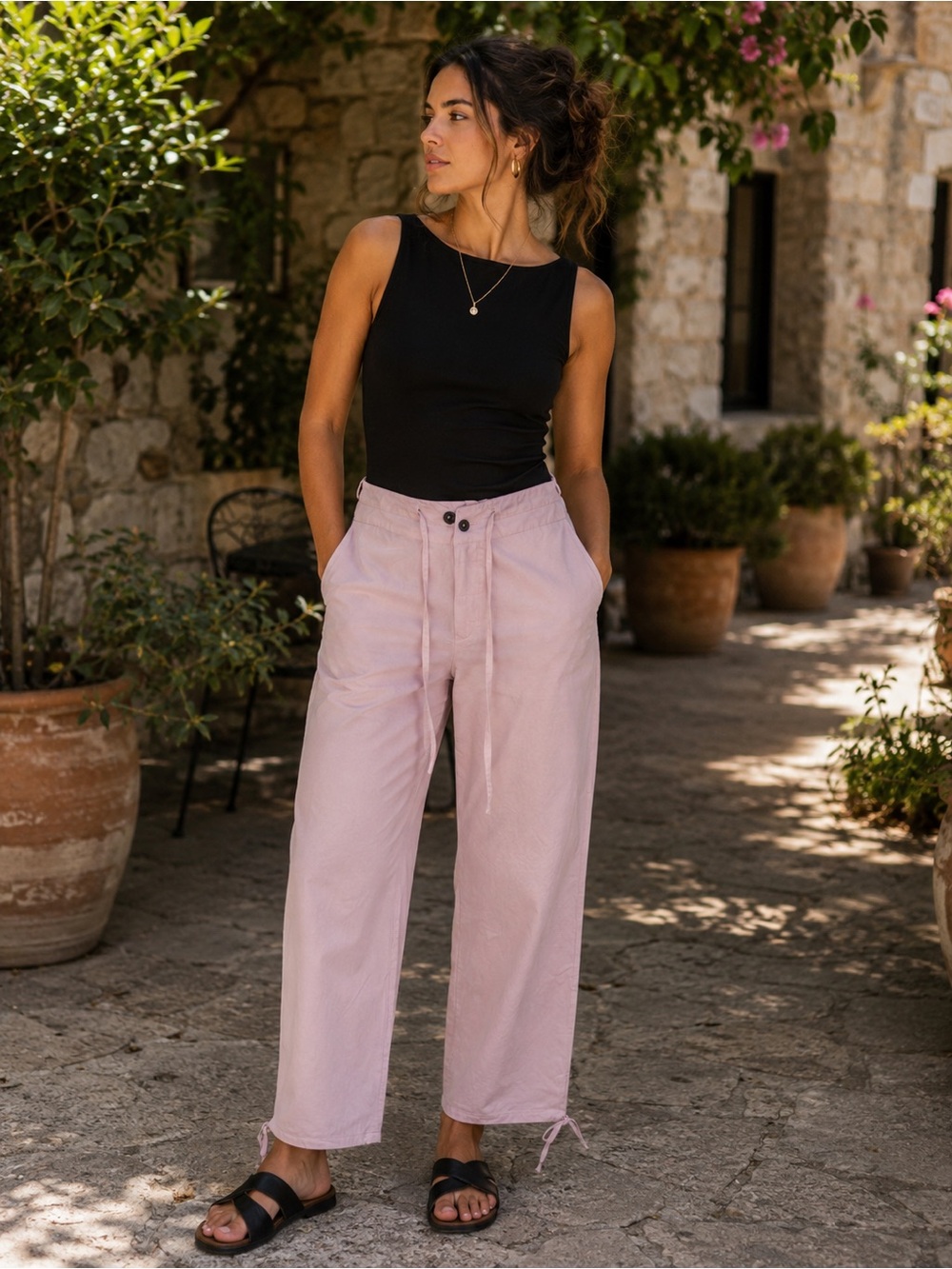 Ports 1961 Pale Pink Wide-Leg Tie-Waist Cotten  Pants